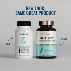 Hair La Vie capsules close-up showing biotin and collagen nutrition.