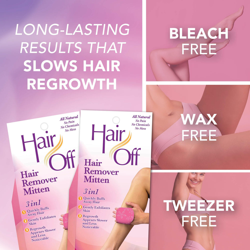 Hair Off mitten exfoliation-action highlights skin exfoliation during removal.