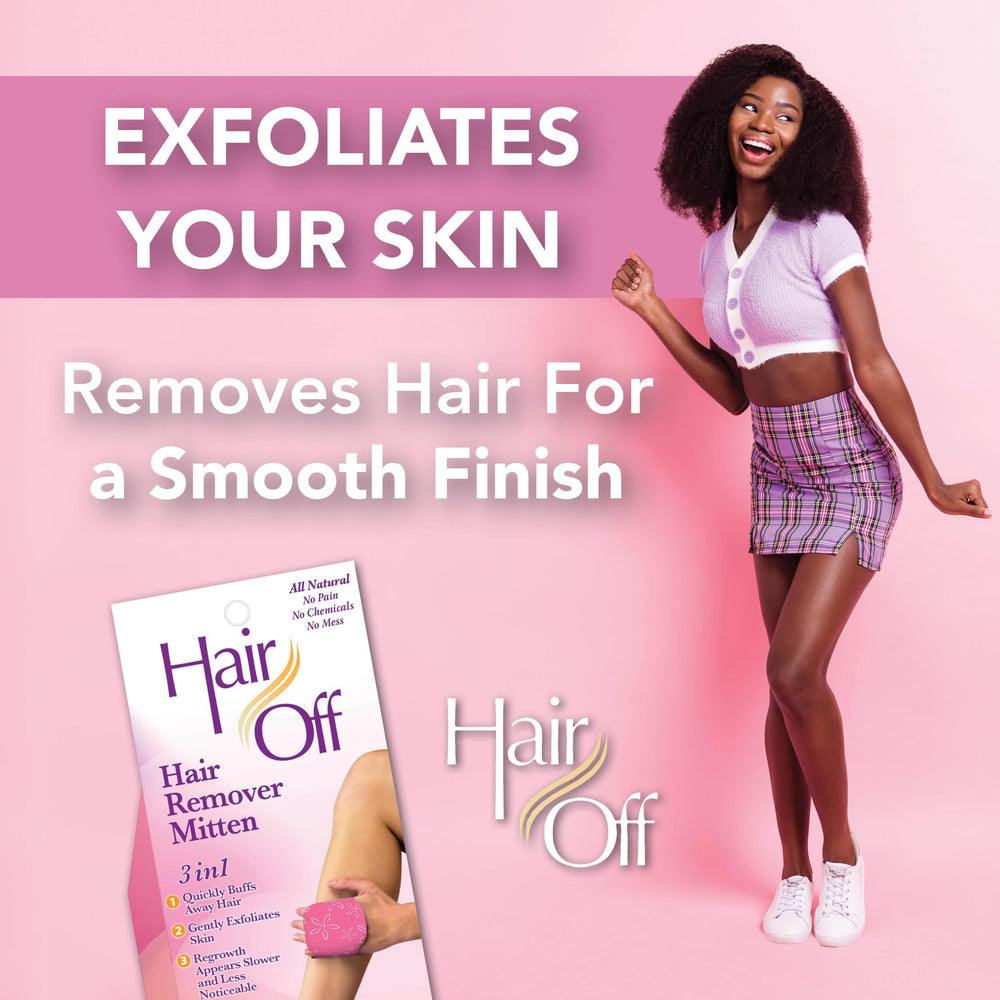 Hair Off mitten on-hand demonstrates at-home, chemical-free hair removal.