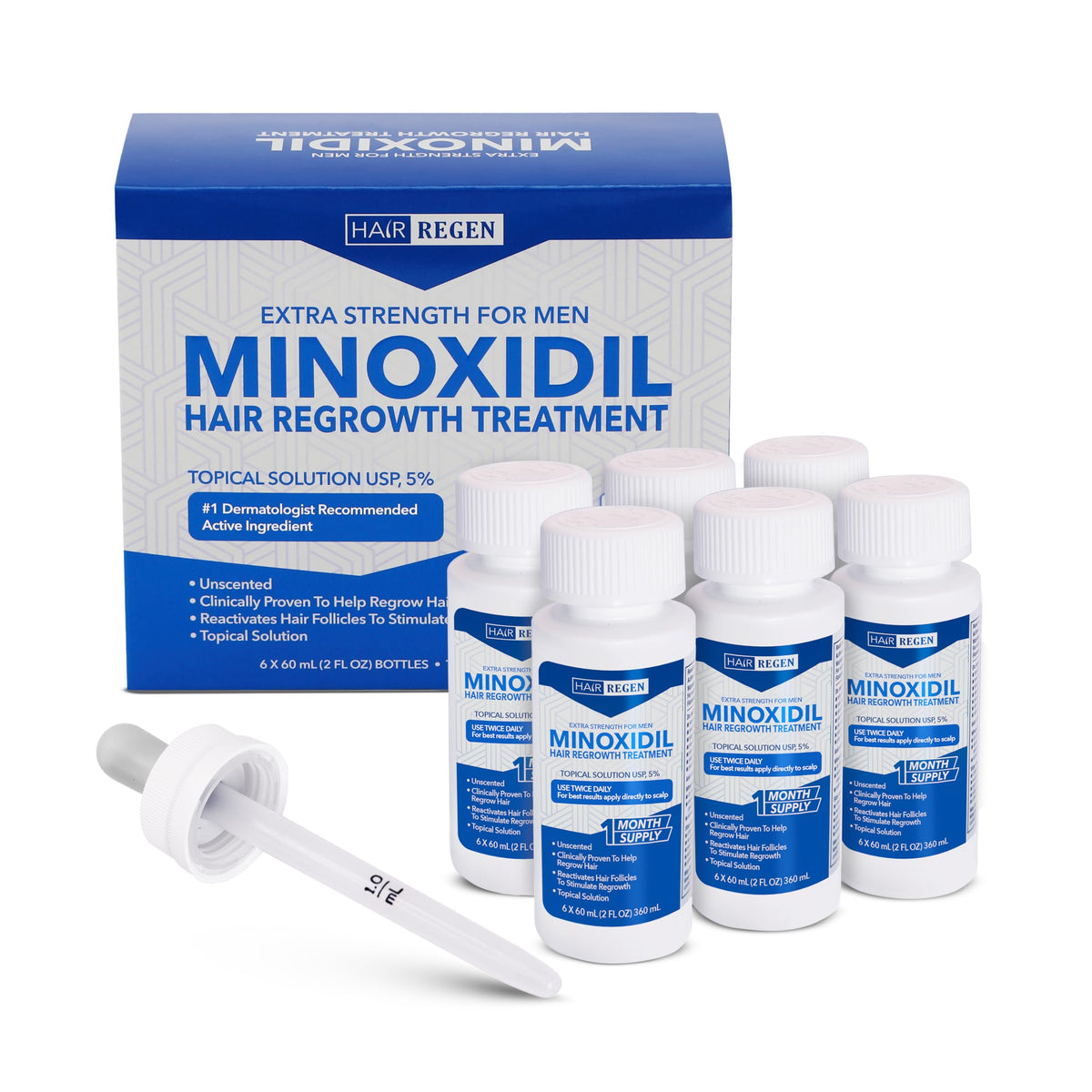 Hair Regen Minoxidil 5% bottle front for daily-use, easy application.