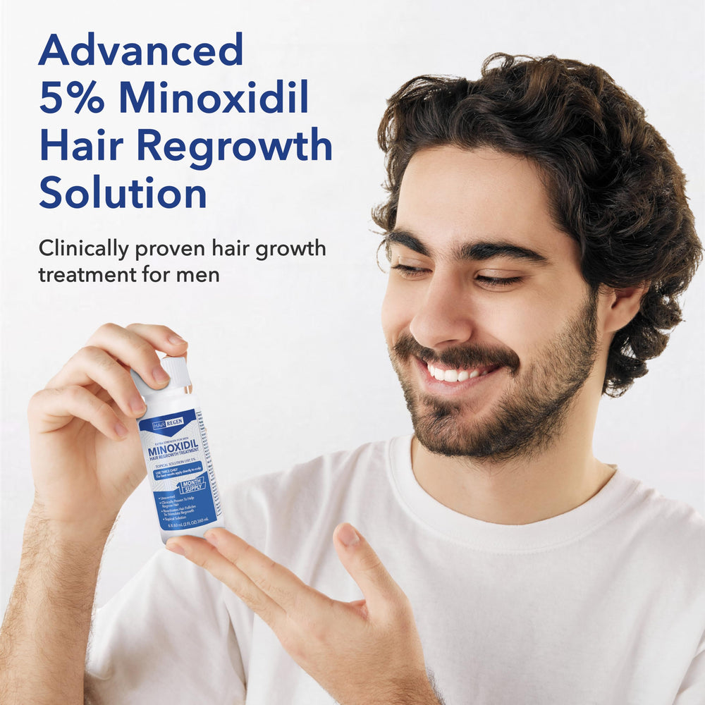 Hair Regen Minoxidil 5% bottle side showing portable packaging for travel.