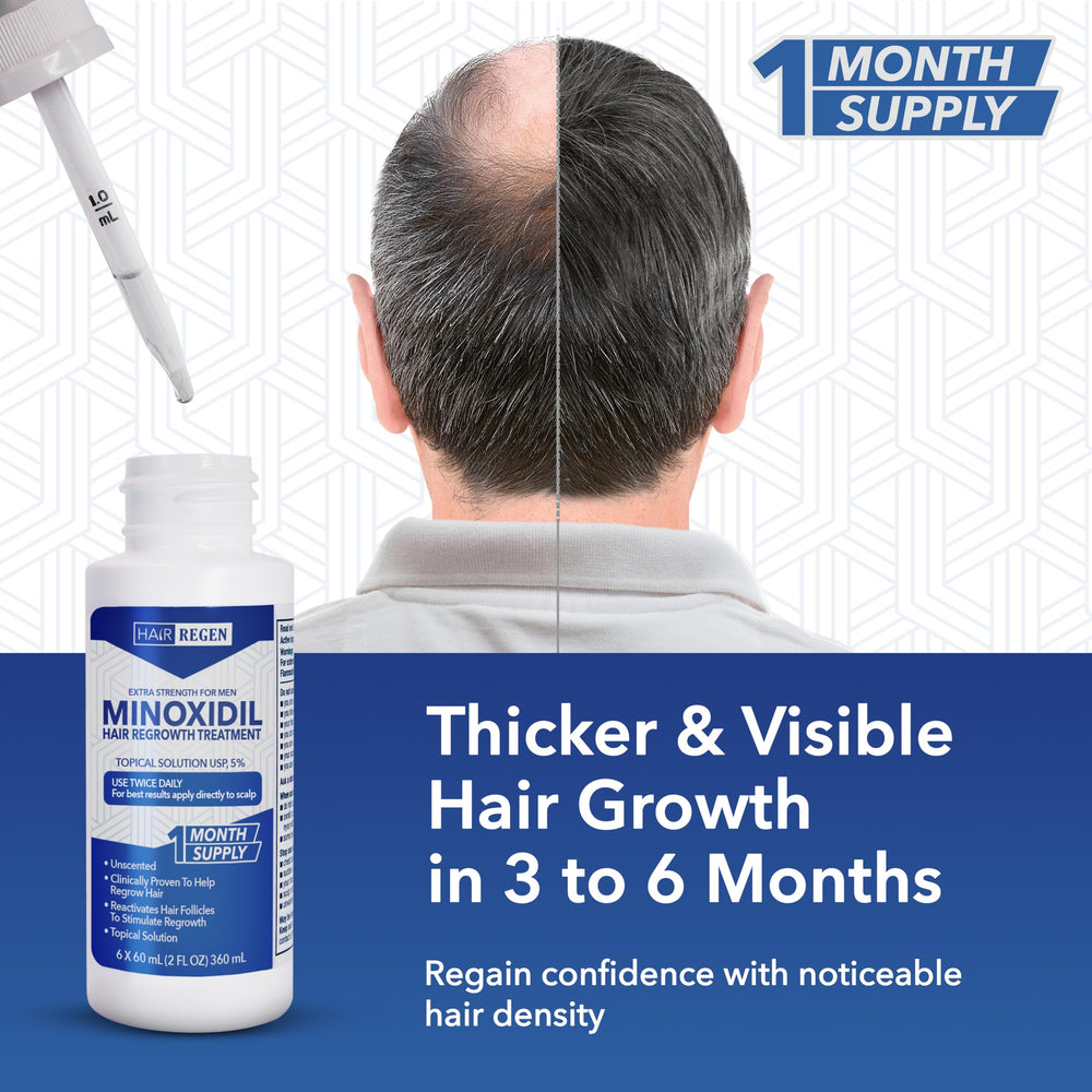 Hair Regen Minoxidil 6-pack packaging offers six months of supply.