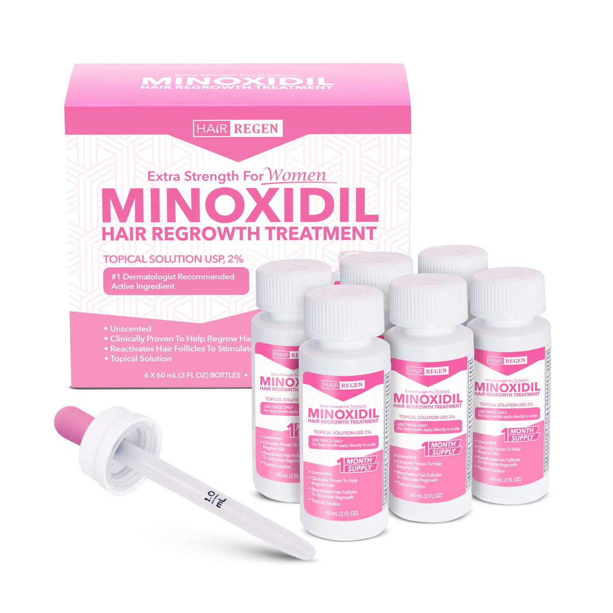 Hair Regen Minoxidil Women 2% bottle front for targeted scalp growth support.