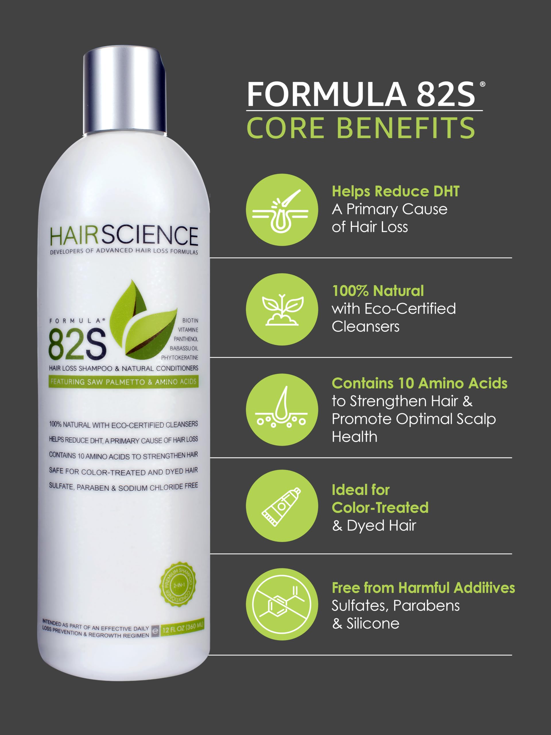 Hair Science Formula 82S color protection feature helps maintain vibrant color between washes.