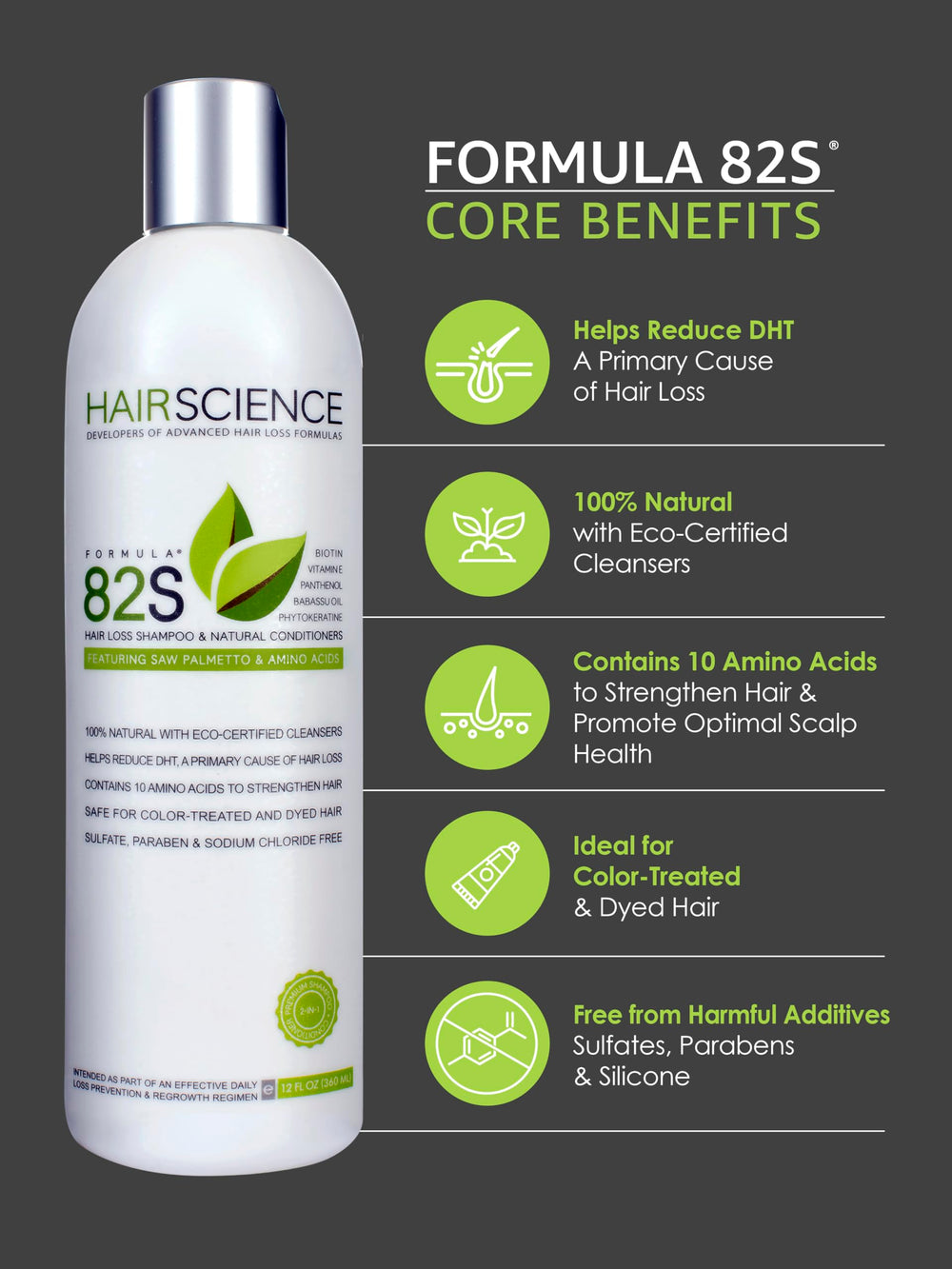 Hair Science Formula 82S color protection feature helps maintain vibrant color between washes.