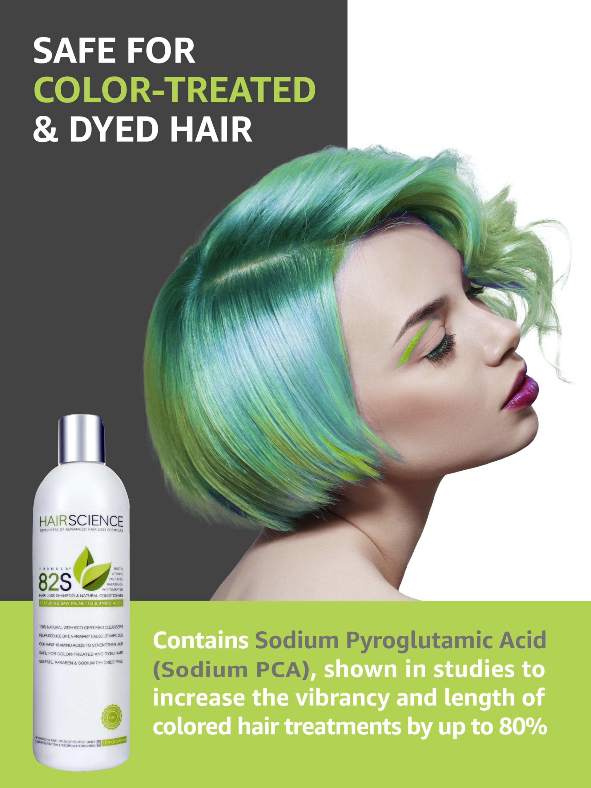 Hair Science Formula 82S daily-use shower scene showcases a safe, sulfate-free routine.