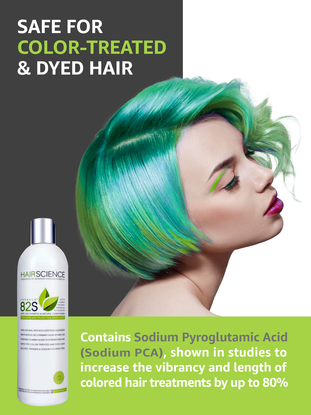 Hair Science Formula 82S daily-use shower scene showcases a safe, sulfate-free routine.