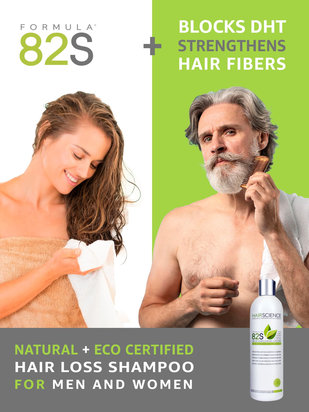 Hair Science Formula 82S label closeup highlights DHT-blocking ingredients like saw palmetto.