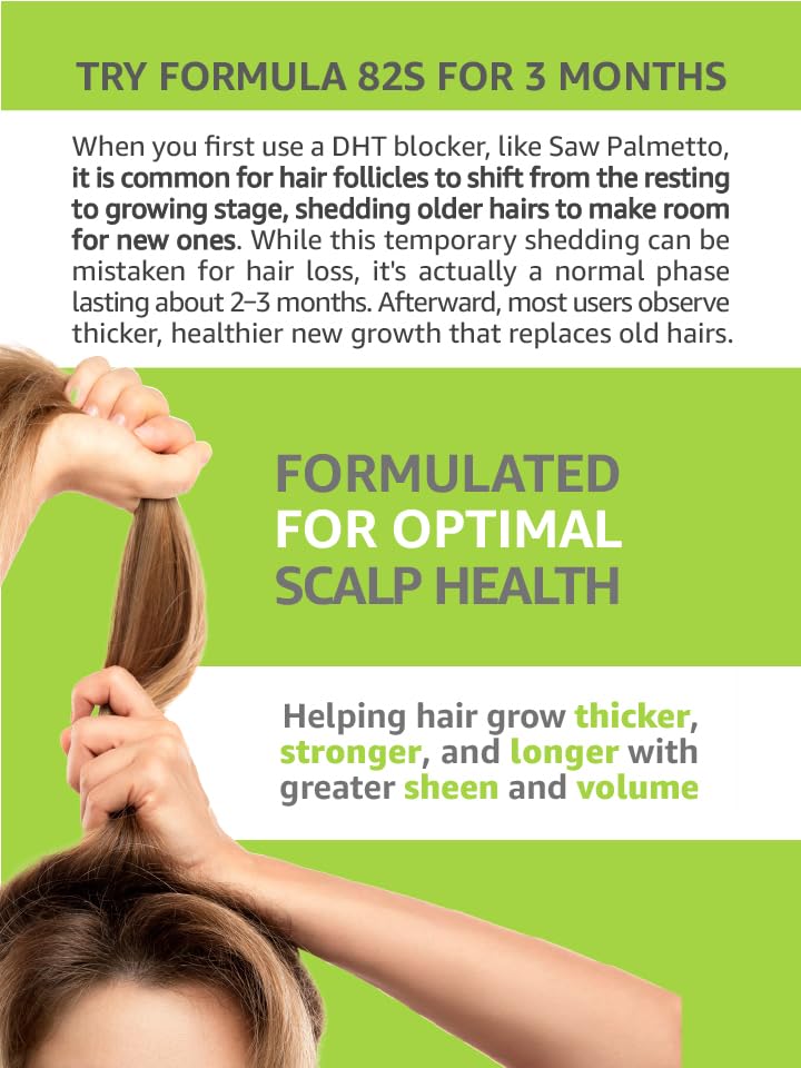 Hair Science Formula 82S saw palmetto ingredient focus suggests thinning hair support possibilities.