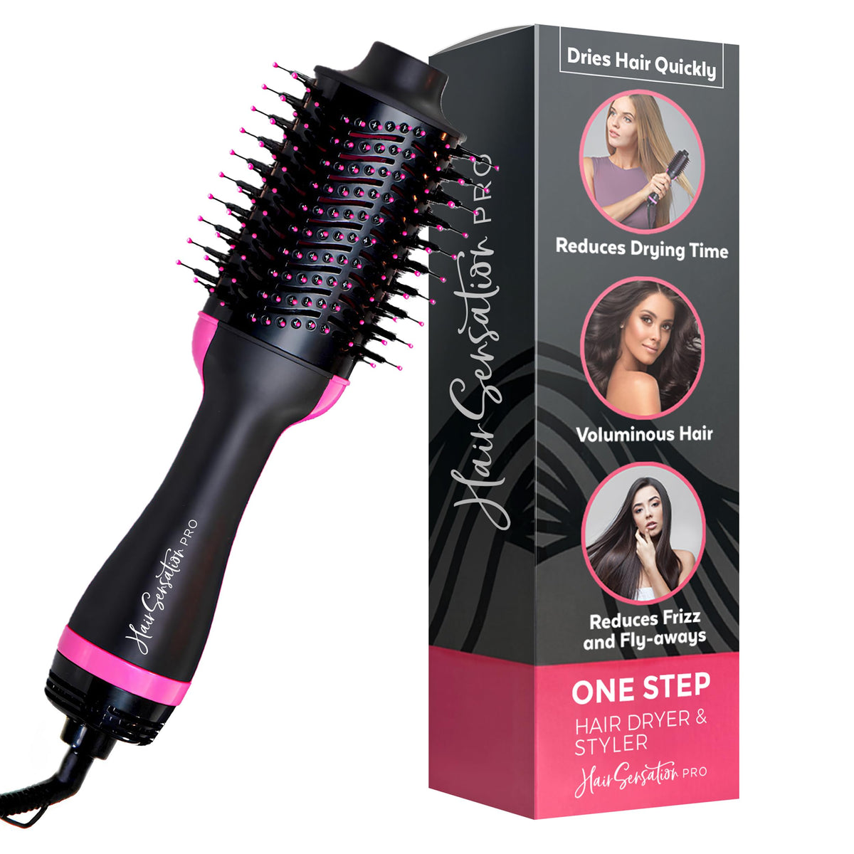 Hair Sensation Pro blow dryer brush in hands-on use delivering volume and shine