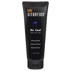 Hair Situation Mr. Cool Wet Look Gel bottle shows strong hold for a sleek finish.