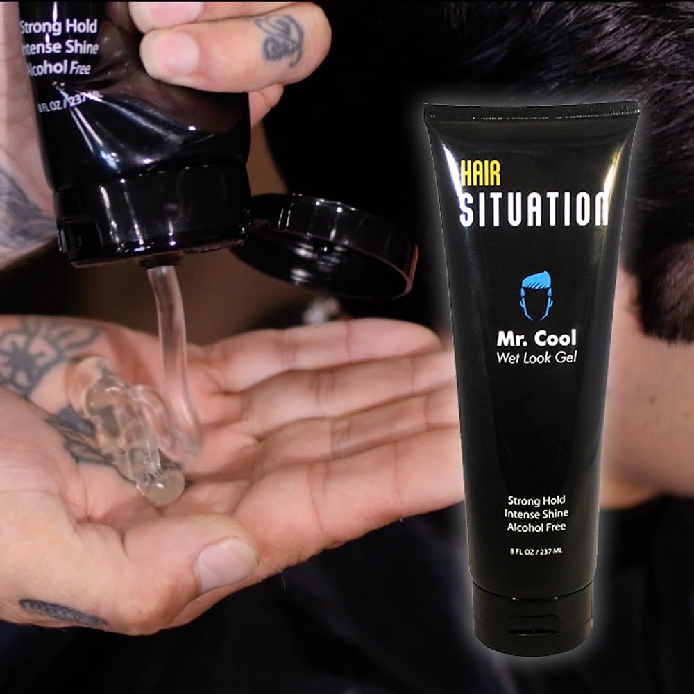 Hair Situation Mr. Cool Wet Look Gel dispenser nozzle ready for precise application.