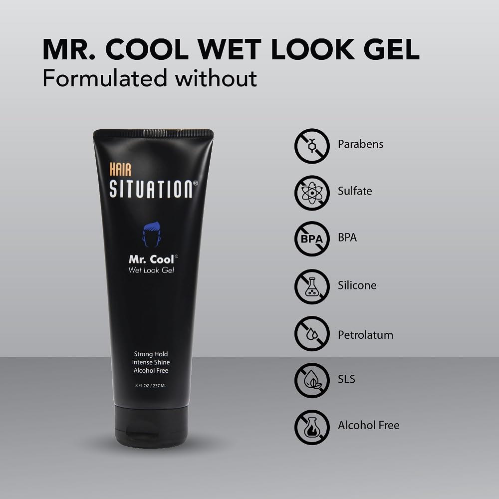 Hair Situation Mr. Cool Wet Look Gel on styled hair reveals high shine.