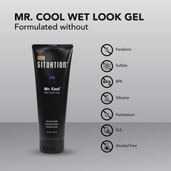 Hair Situation Mr. Cool Wet Look Gel on styled hair reveals high shine.
