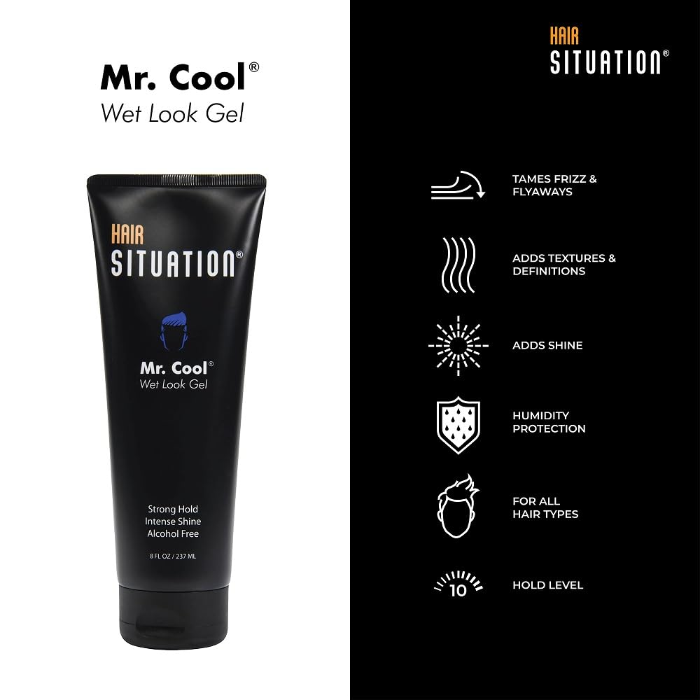 Hair Situation Mr. Cool Wet Look Gel close-up highlights lasting, strong hold.