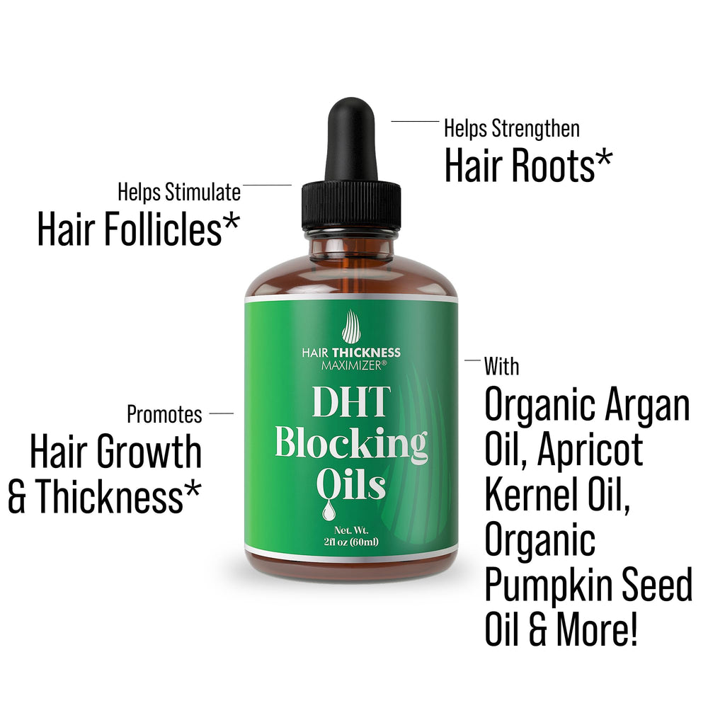 Hair Thickness Maximizer DHT Blocker Serum ingredients blend shown for nourishing scalp.