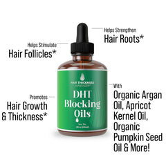 Hair Thickness Maximizer DHT Blocker Serum ingredients blend shown for nourishing scalp.