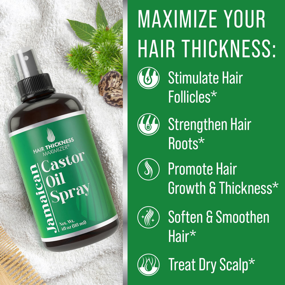 Hair Thickness Maximizer Jamaican Black Castor Oil Spray ingredients close-up with marula and jojoba.