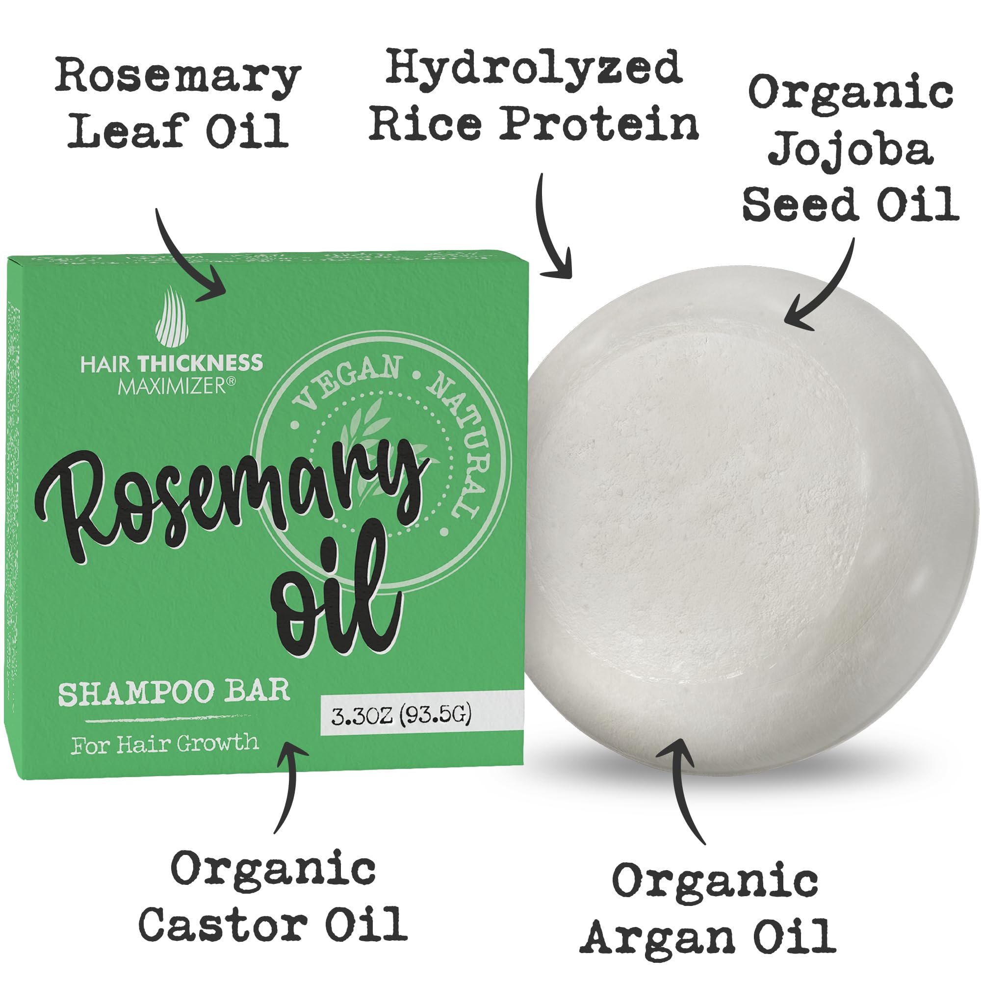 Hair Thickness Maximizer rosemary shampoo bar ingredients showcase jojoba, castor, and argan oils.