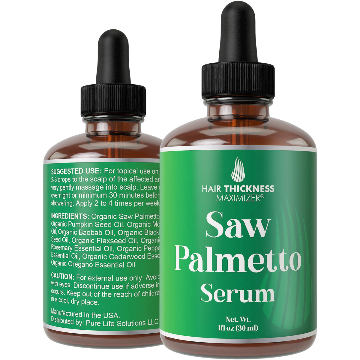 Hair Thickness Maximizer Saw Palmetto Serum bottle showcases vegan formula for daily hair care.