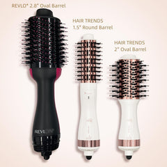 Hair Trends negative ionic one-step volumizer demonstrates sleek frizz control in a product image.