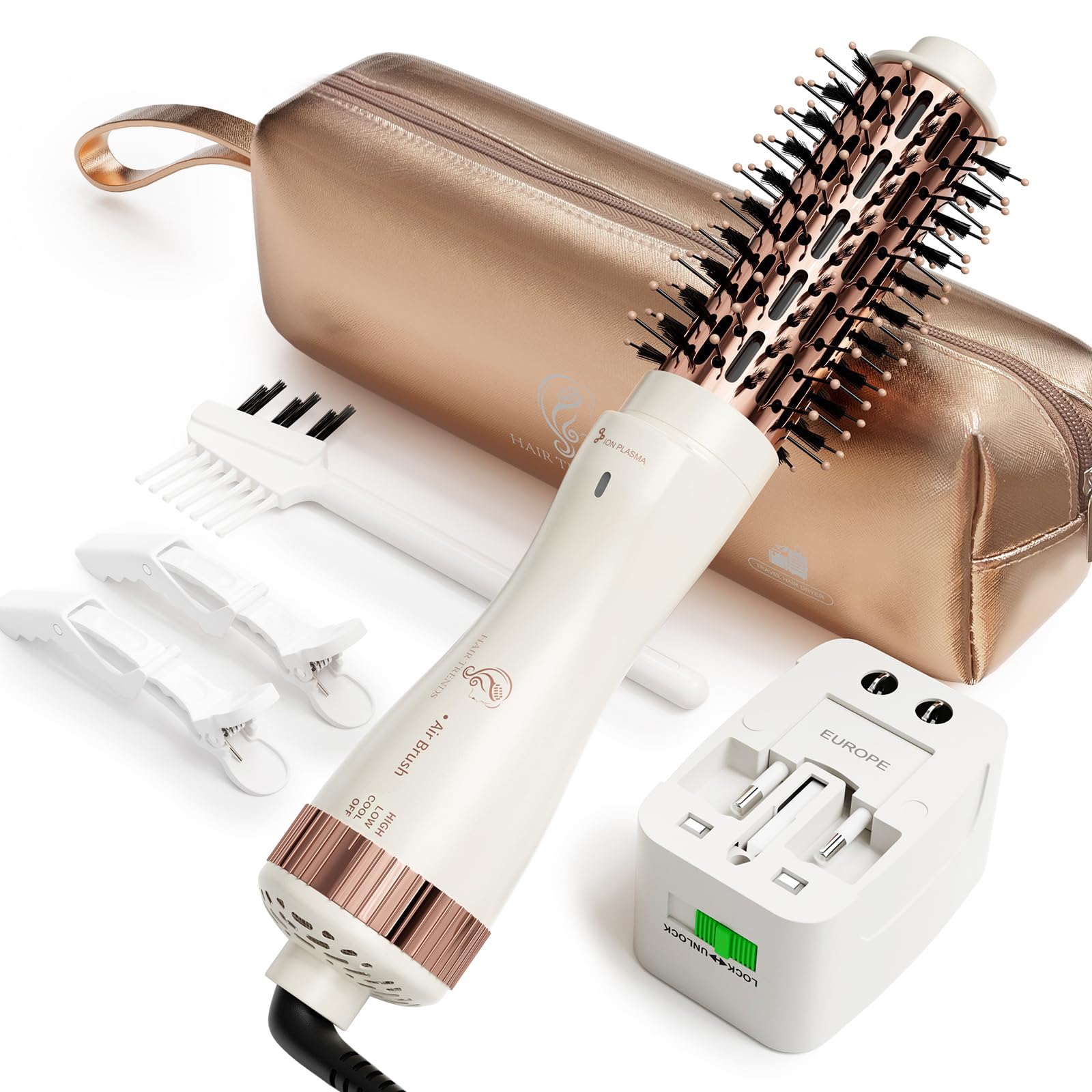 Hair Trends round brush dryer front view showing ergonomic grip and compact design for quick styling
