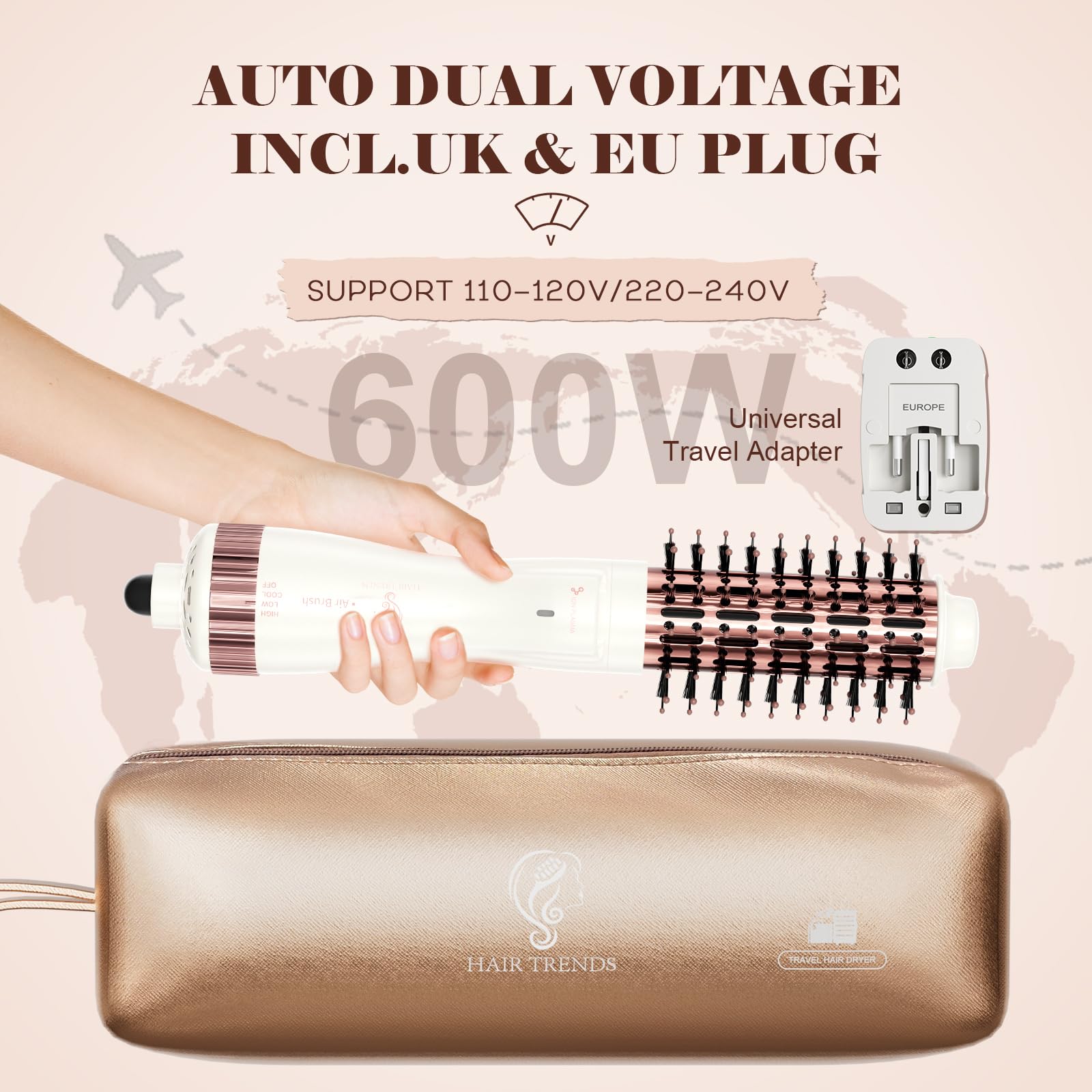 Hair Trends round brush dryer with universal adapter and travel storage bag for easy packing
