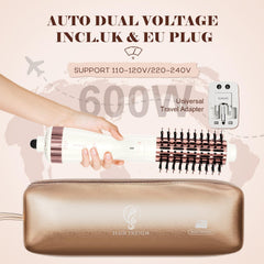 Hair Trends round brush dryer with universal adapter and travel storage bag for easy packing