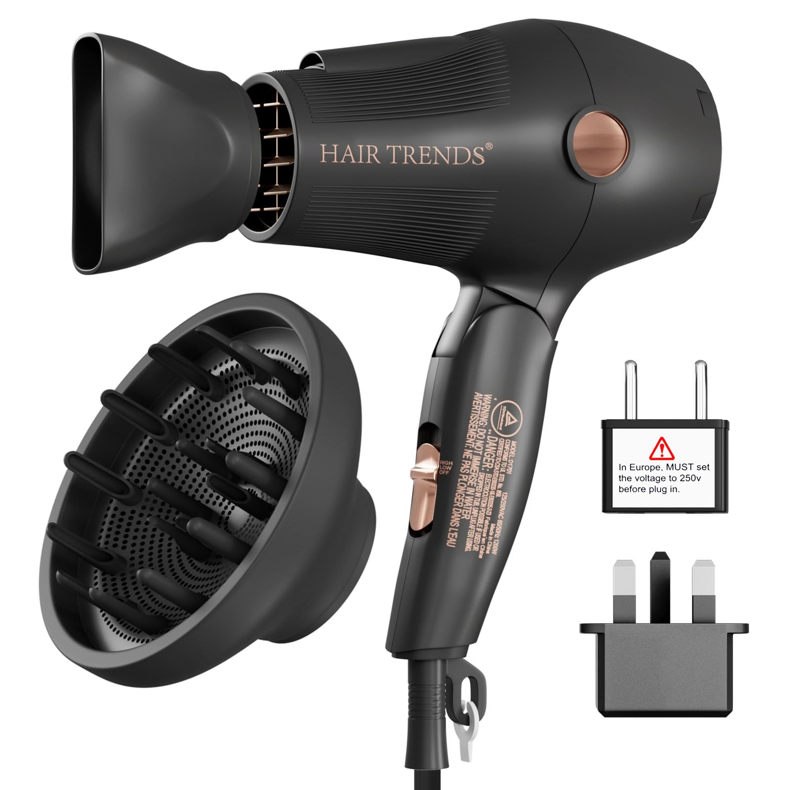 Hair Trends Travel Hair Dryer folded compact form for easy carry-on styling.