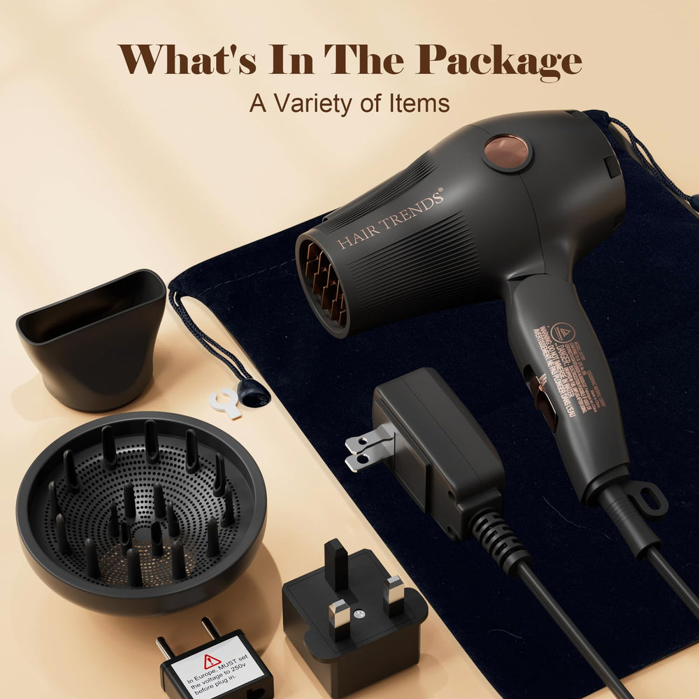Hair Trends Compact travel dryer fits luggage for European trips.