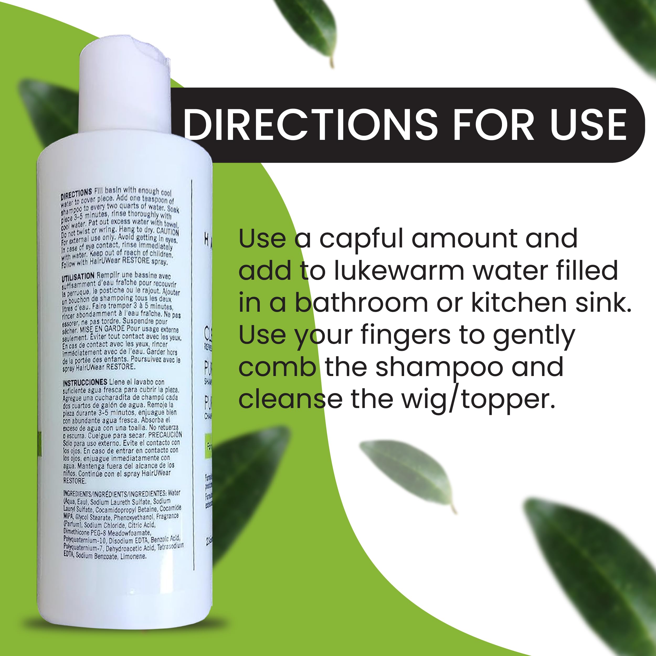 Hair U Wear cleansing shampoo bottle on clean counter for easy at-home wig maintenance