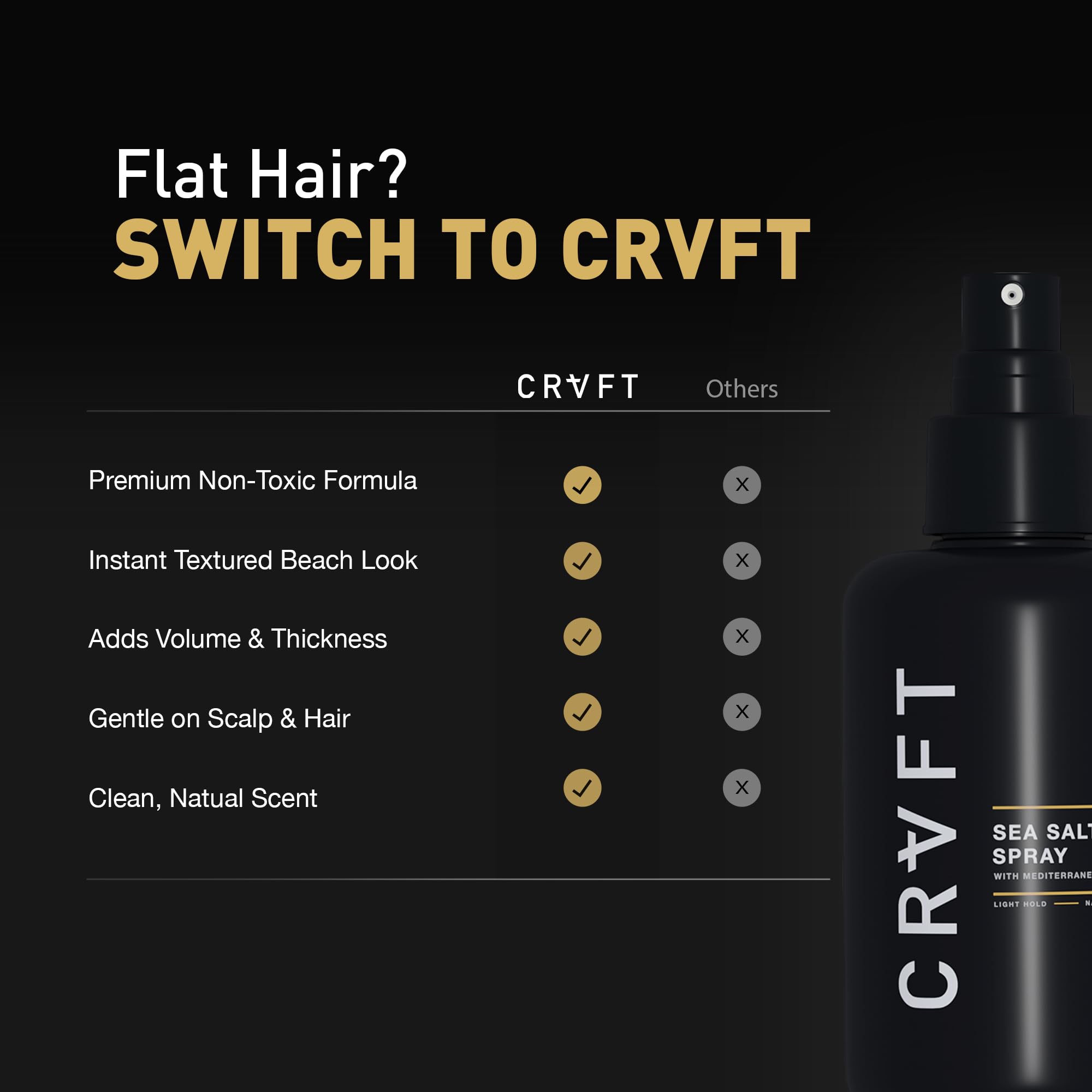 Hair Craft Co. CRVFT sea salt spray with kelp extract bottle close-up.