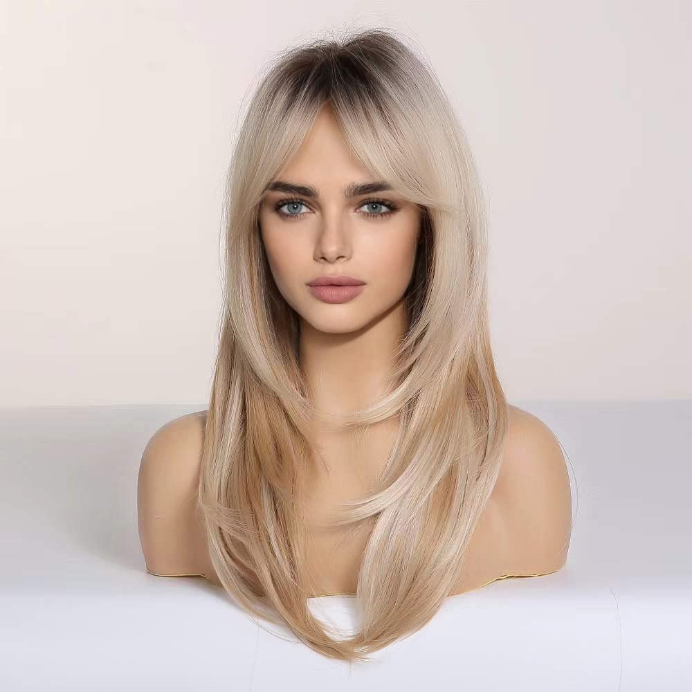 HAIRCUBE Blonde Wig bangs close-up highlights natural bangs that hide the hairline.