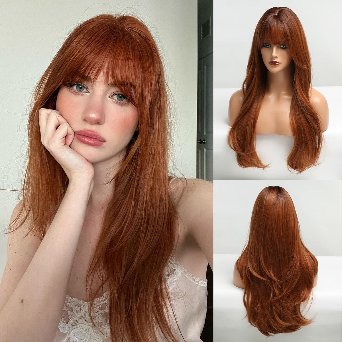 HAIRCUBE Long Auburn Wig with Bangs cap view: breathable, comfortable daily wear.