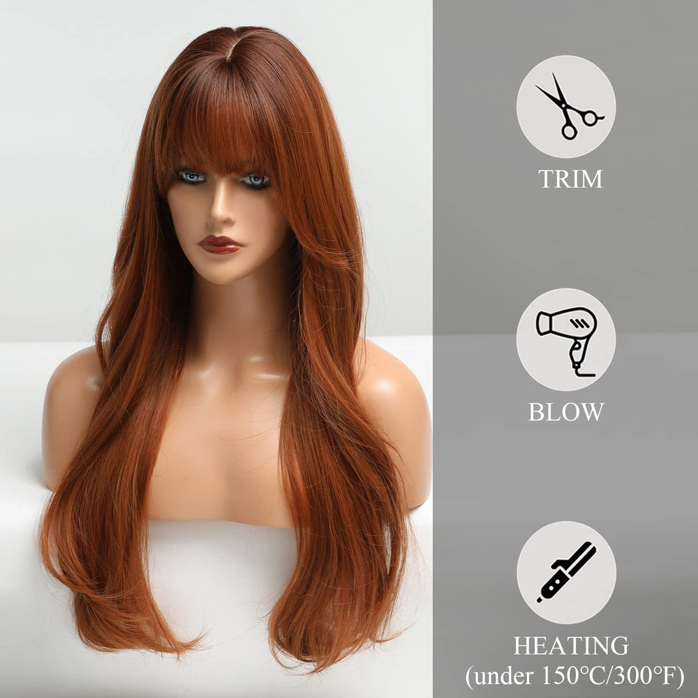 HAIRCUBE Long Auburn Wig with Bangs daily-use look for formal or casual occasions.