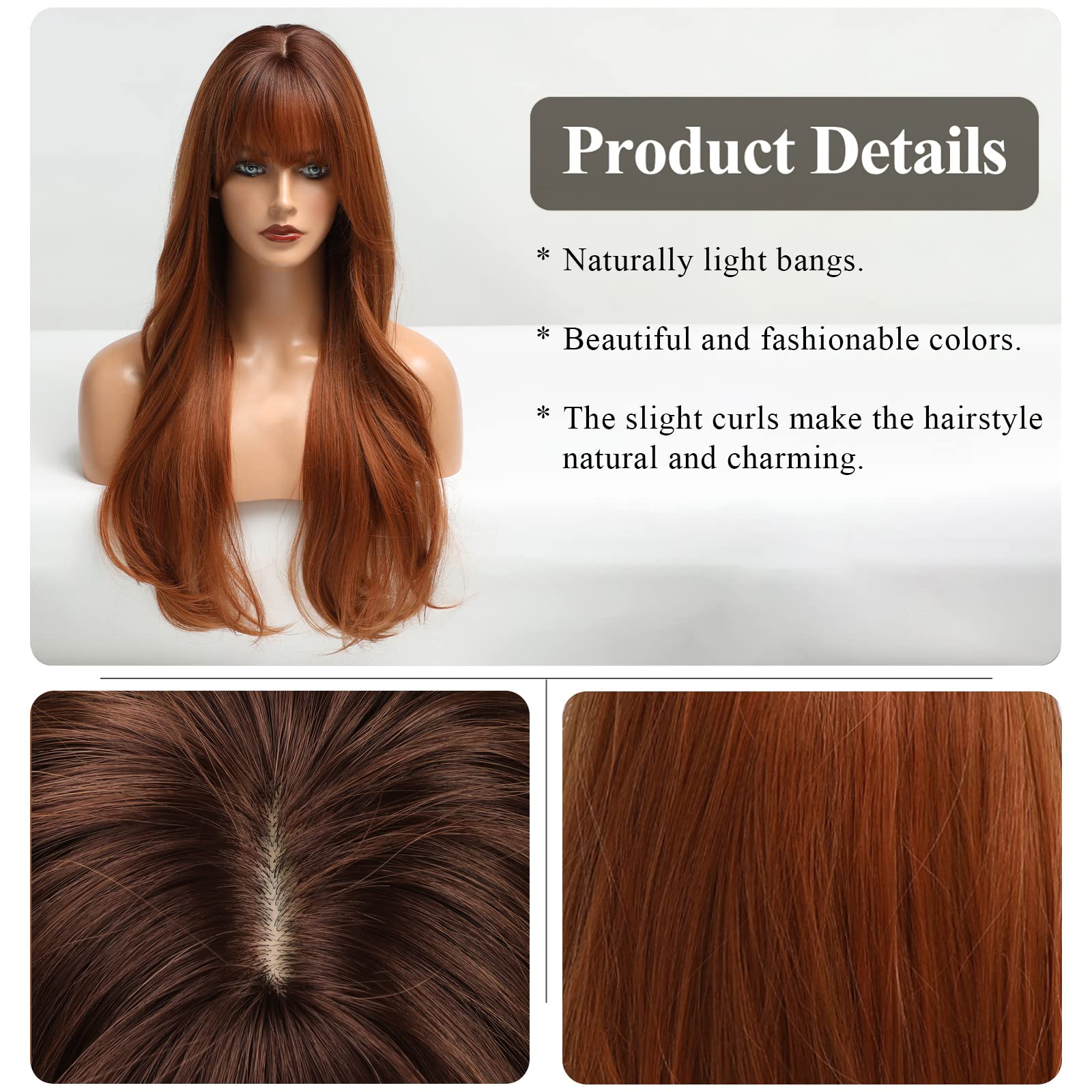 HAIRCUBE Long Auburn Wig with Bangs layered curly: adds natural volume and bounce.
