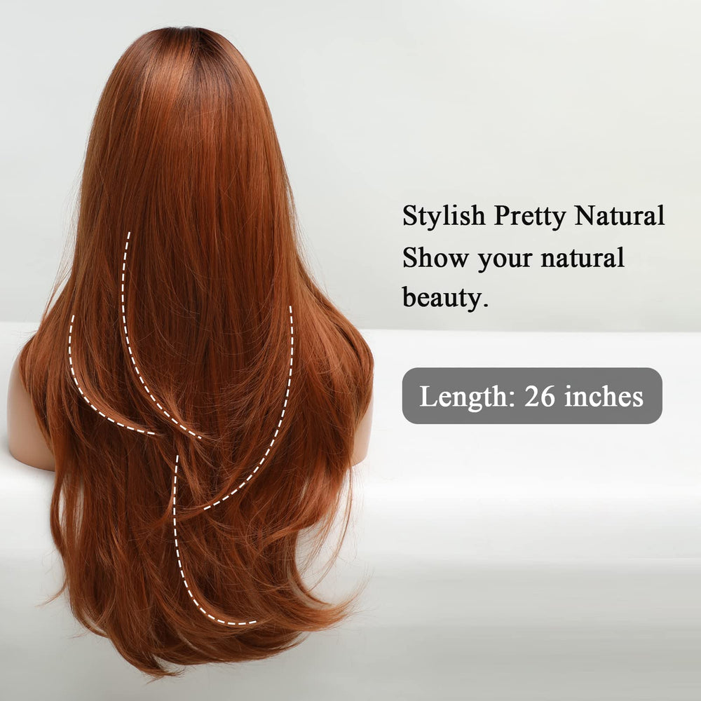 HAIRCUBE Long Auburn Wig with Bangs soft cap ensures comfortable wear.