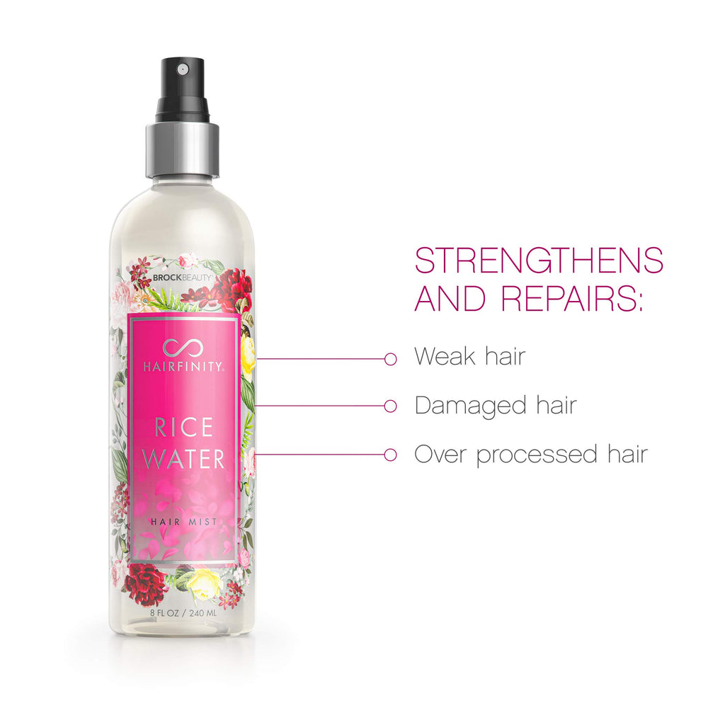 Hairfinity Rice Water Hair Mist application on damp hair for quick hydration