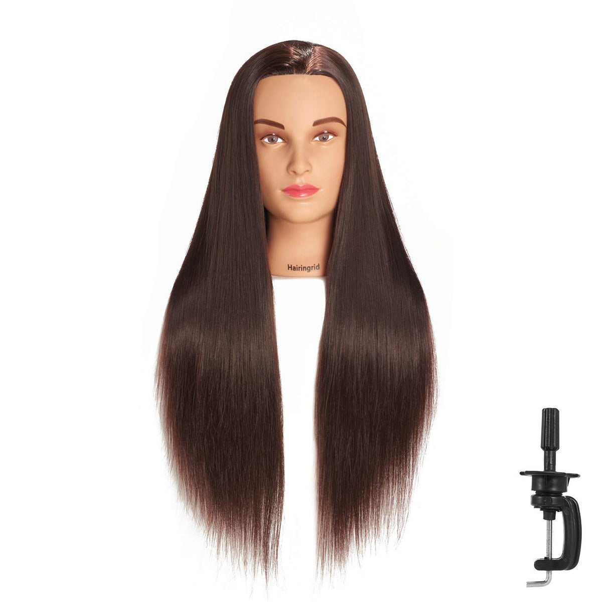 Hairingrid mannequin head 26-28 brown close-up for realistic training and styling.