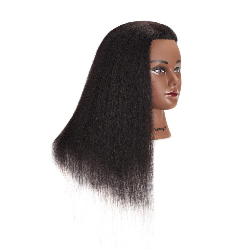 Hairingrid mannequin head with real 14-inch hair in color 2 black for dyeing and styling practice.