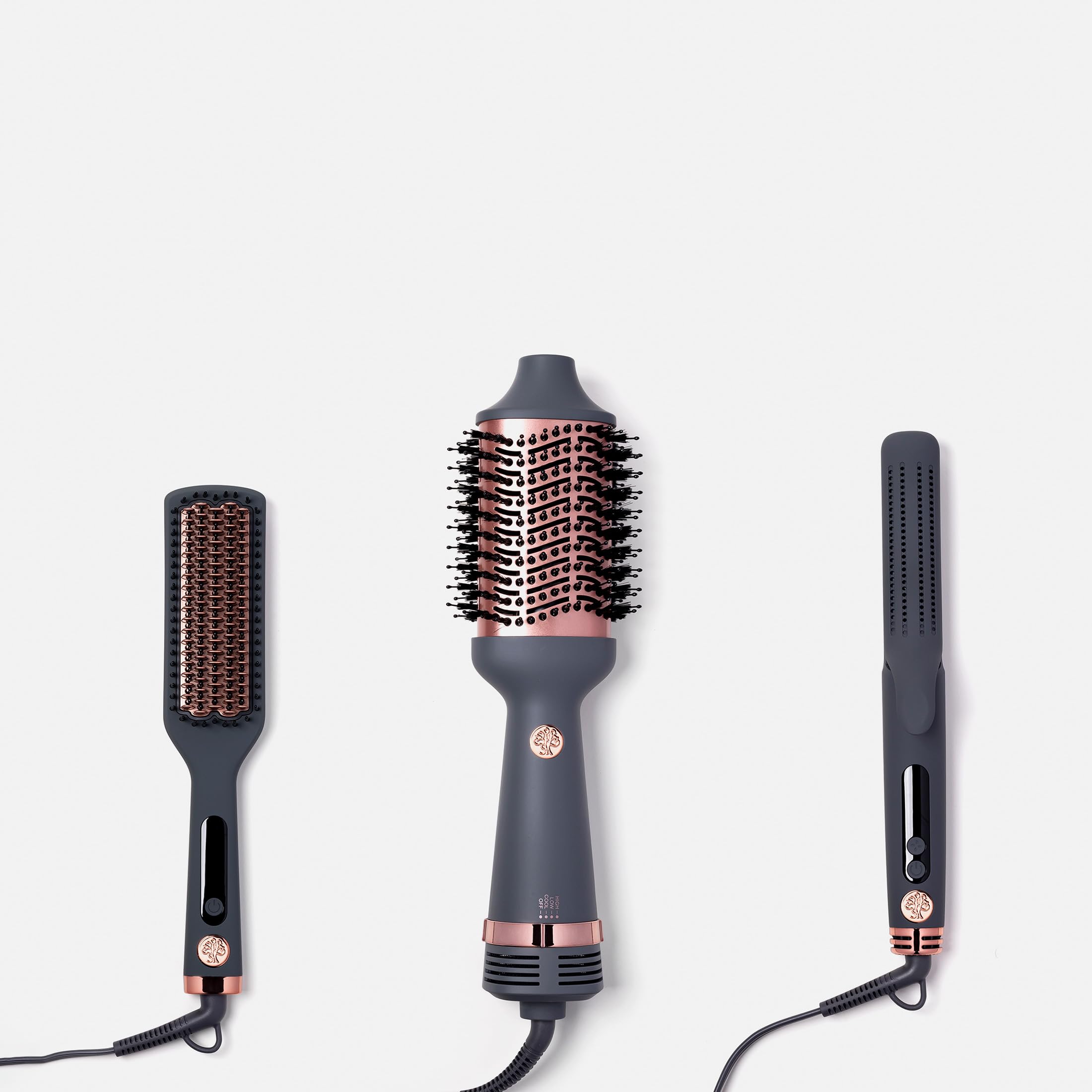 Hairitage Matte Grey blowout tool combines dryer and brush for quick, sleek styling.