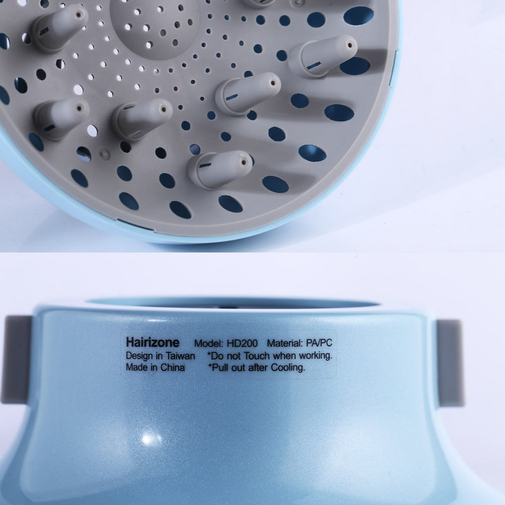 Hairizone diffuser blue nozzle-adaptation illustrates compatibility with various blow dryers.
