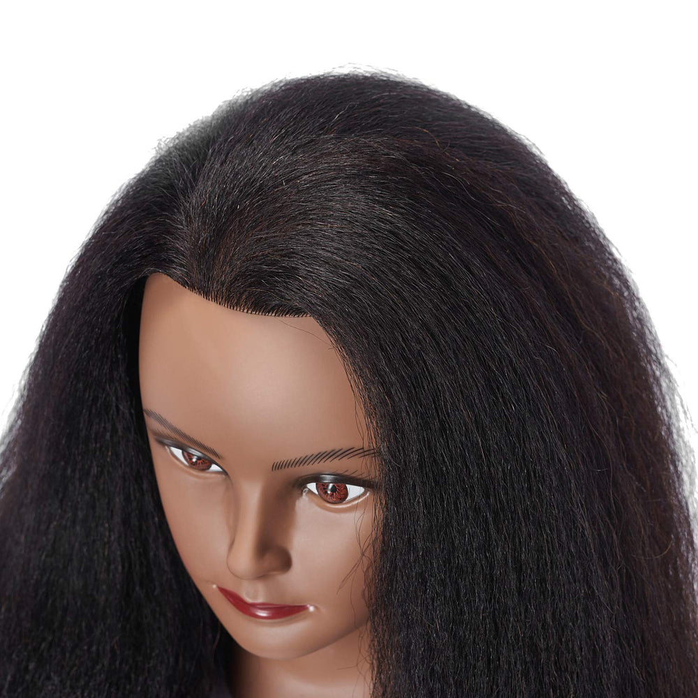 Hairlink real-hair Afro head in practice session highlights curling and straightening versatility.
