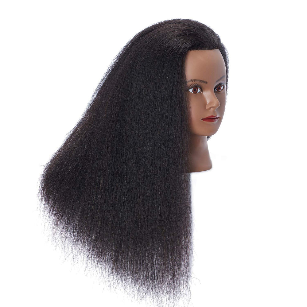Hairlink Afro mannequin head with clamp stand demonstrates easy salon-style setup.