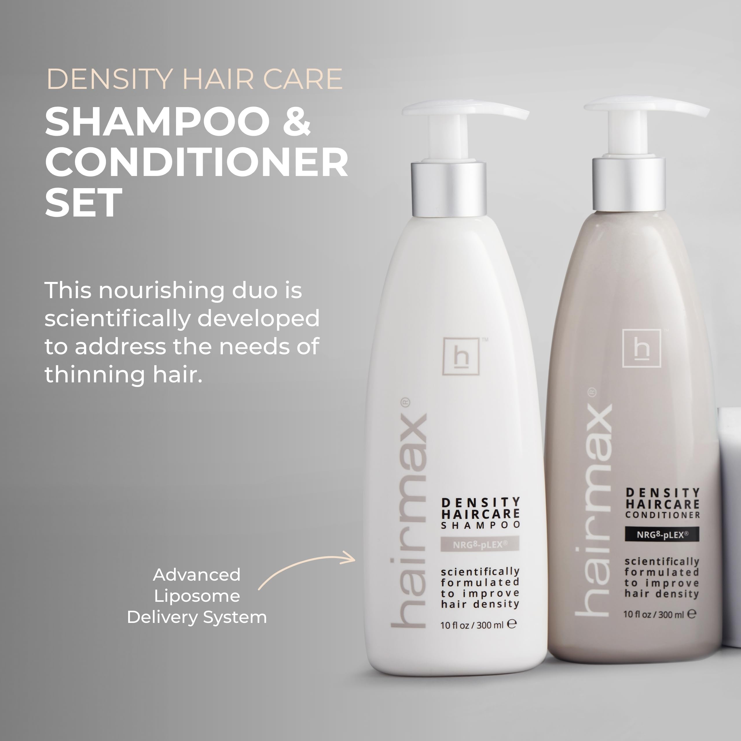 Hairmax Density Conditioner bottle emphasizes hydrating and strengthening hair strands.