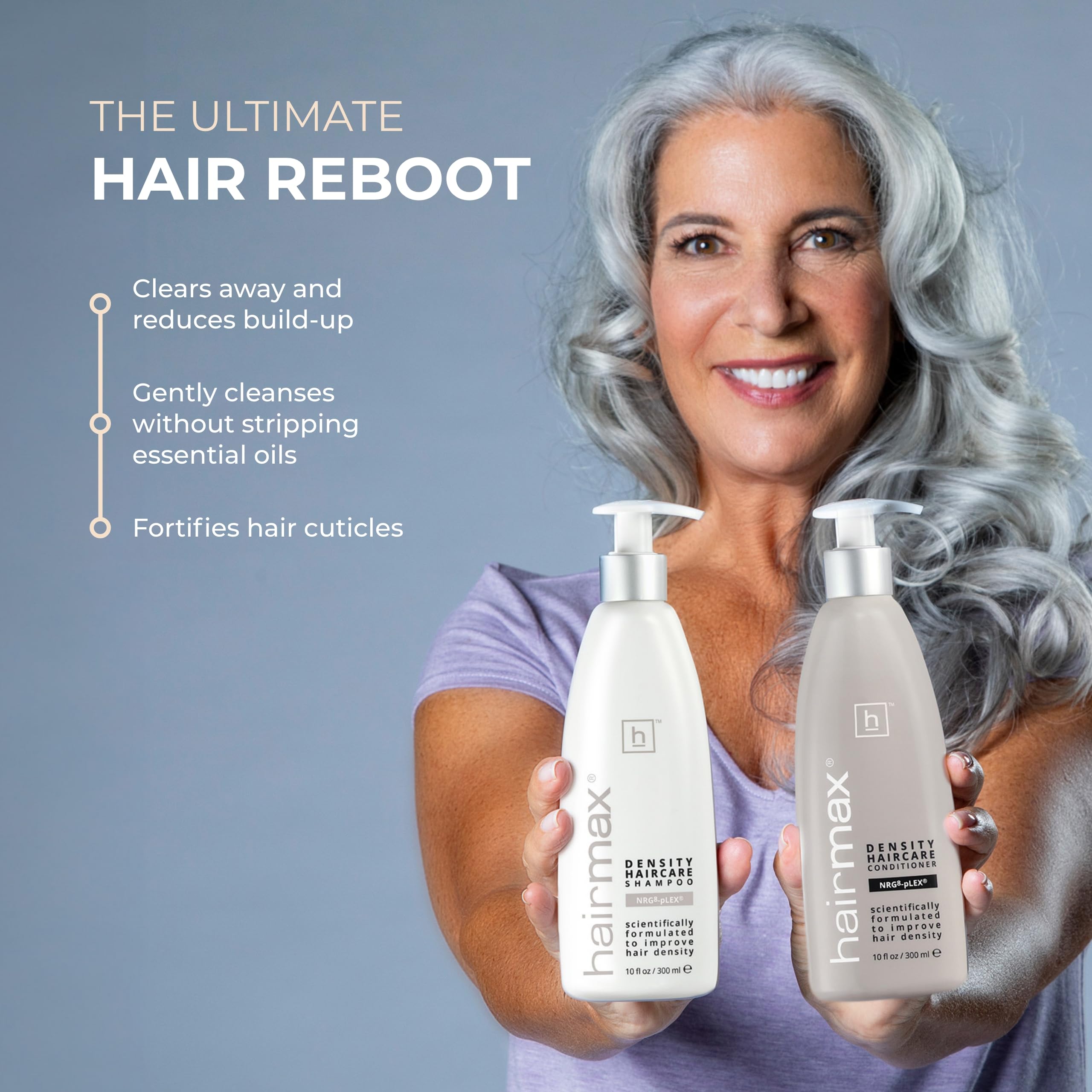 Hairmax Density Conditioner silky hair closeup highlights detangling benefits.