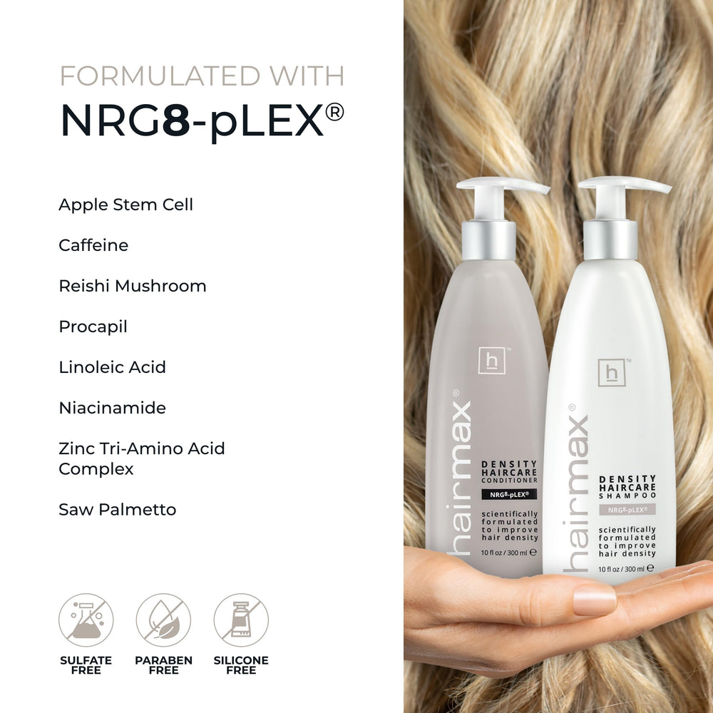 Hairmax Density ingredient list graphic displays caffeine and apple stem cells.