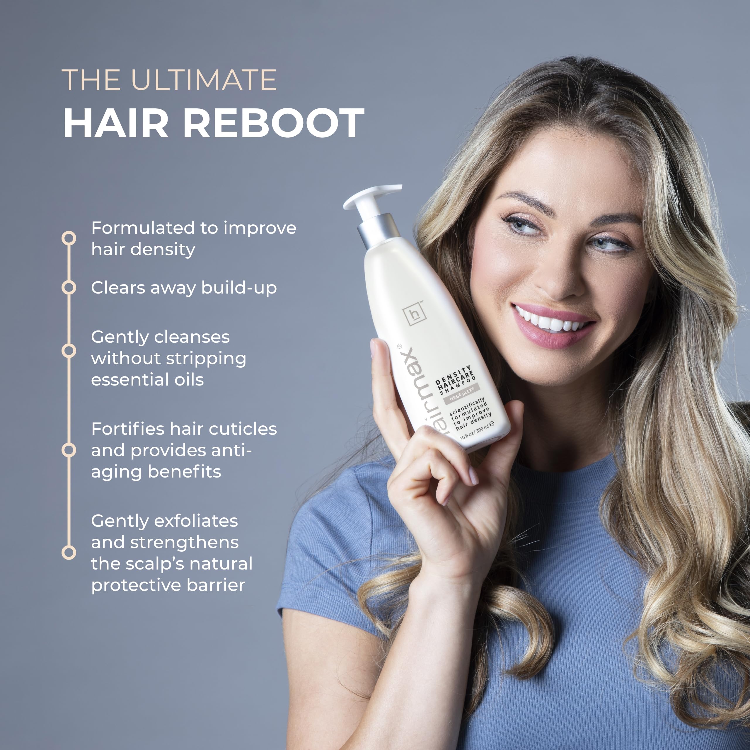 HairMax Density Shampoo applying to hair with hands.