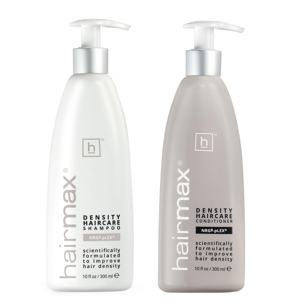 Hairmax Density Shampoo bottle shows sulfate-free formula for gentle cleansing and scalp vitality.