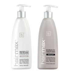 Hairmax Density Shampoo bottle shows sulfate-free formula for gentle cleansing and scalp vitality.